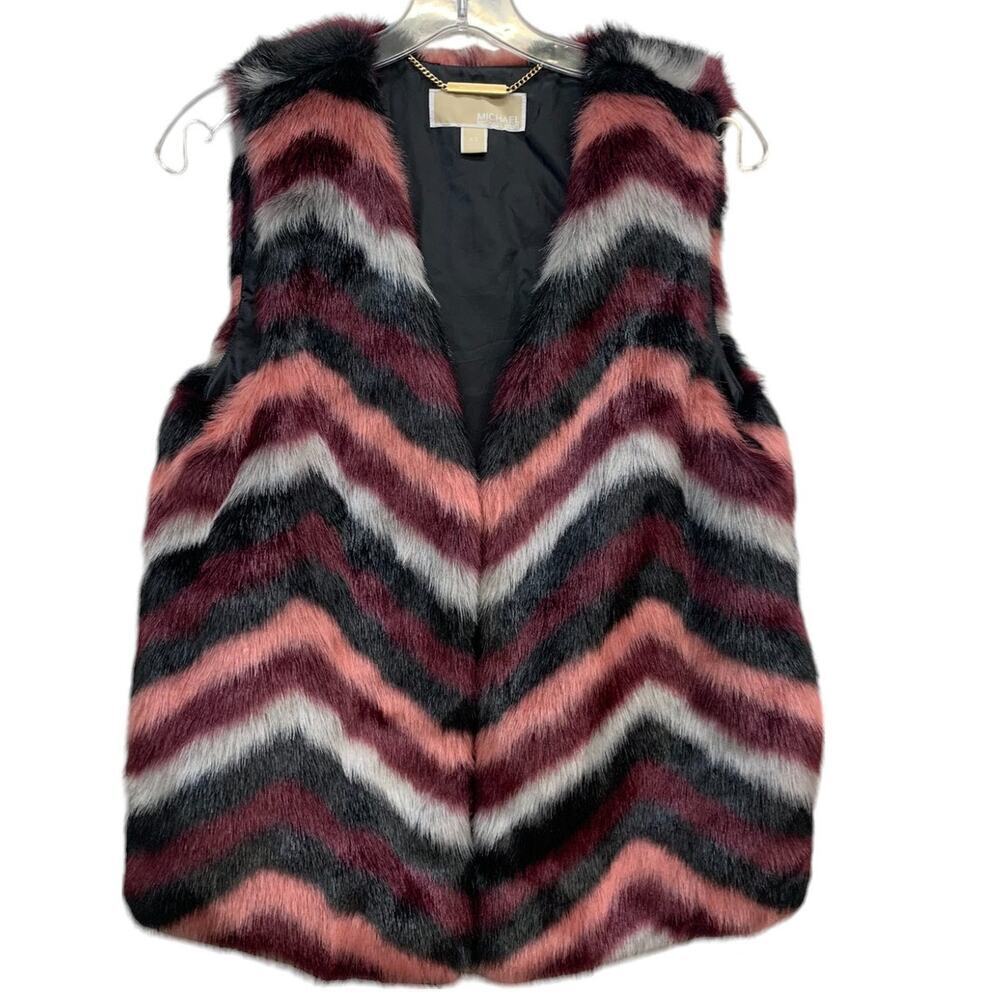 Michael Kors Chevron Faux Fur Vest Sz XS Pink Burgundy Grey and Black